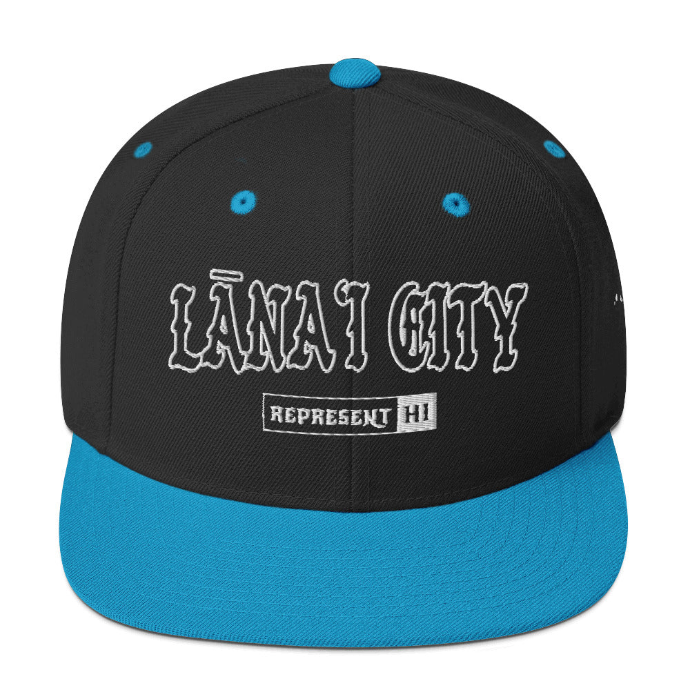 LānaʻI City Snapback Hat — Black/ Teal — front view