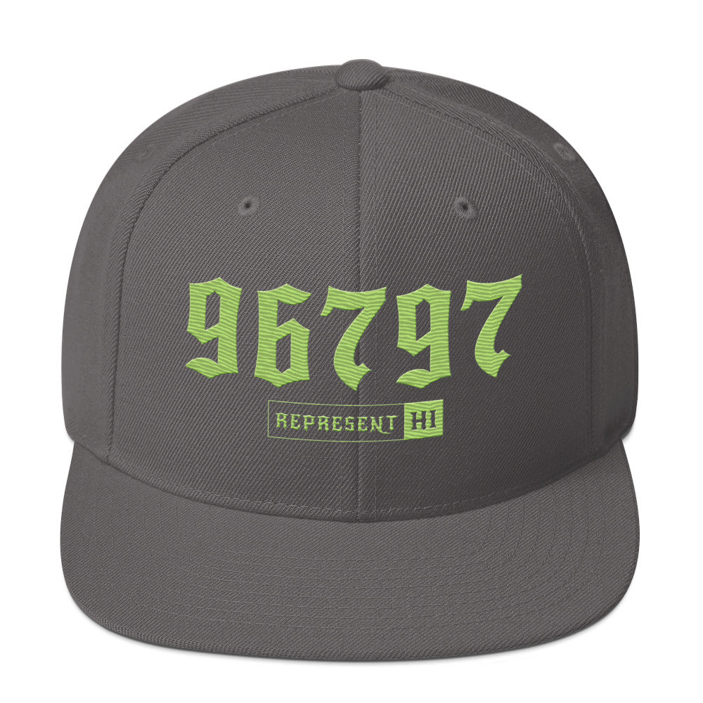 Waipahu 96797 ZIP Snapback Hat — Lime — front view