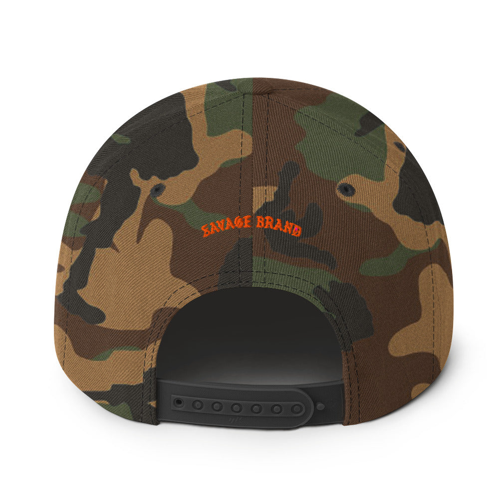 Kona Snapback Hat — Green Camo — orange embroidery — back view
