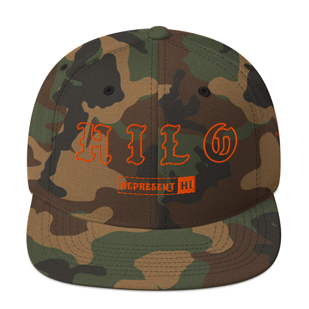 Hilo Snapback Hat — Green Camo — orange embroidery — front view