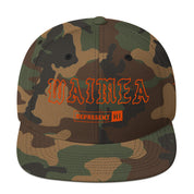 Waimea Snapback Hat — Kauaʻi — Green Camo — orange embroidery — front view