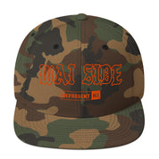 Wai Side Snapback Hat — Green Camo — orange embroidery — front view