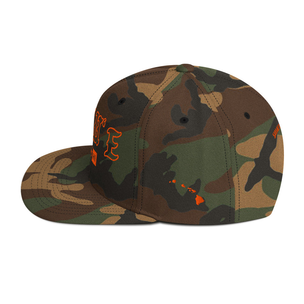 LīhuʻE Snapback Hat — Green Camo — orange embroidery — left side view