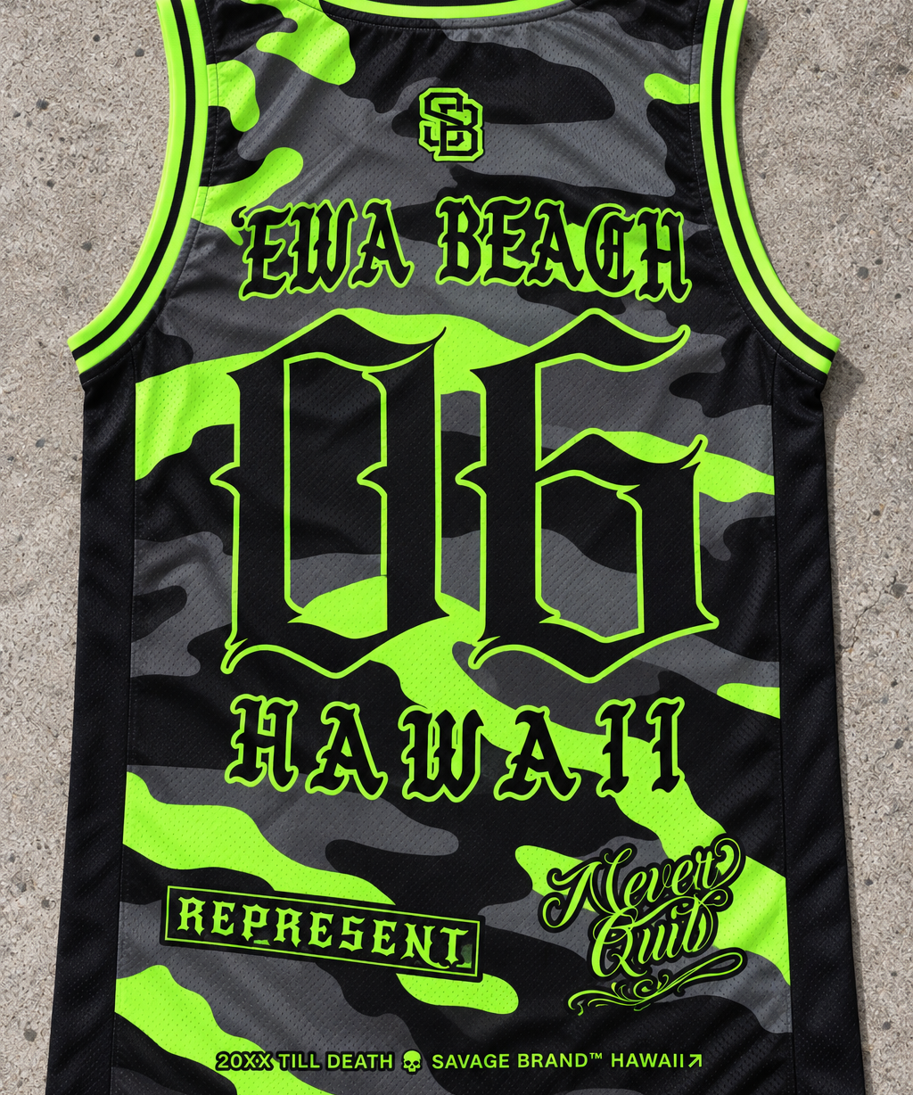 ʻEwa Beach 06 Jersey Tank — Camo Lime — back view