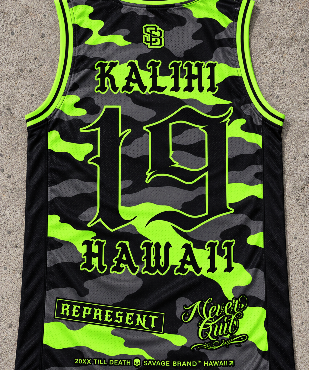 Kalihi 19 Jersey Tank — Camo Lime — back view