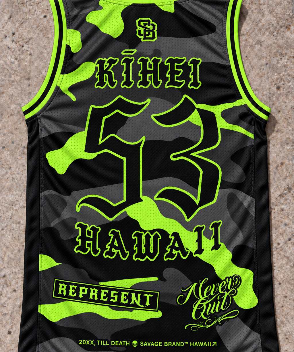 Kīhei 53 Jersey Tank — Camo Lime — back view