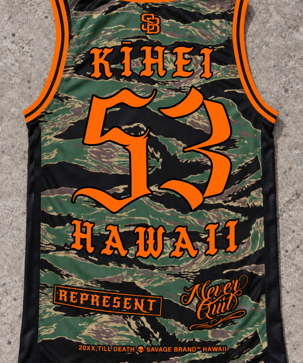 Kihei 53 Jersey Tank Camo Orange — Back flat lay