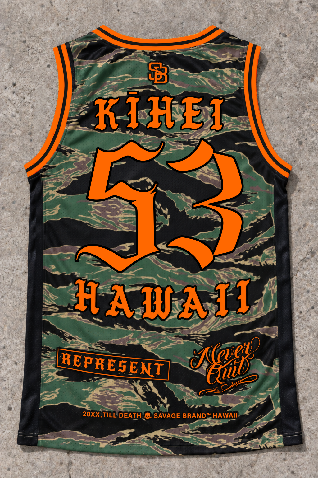 Kihei 53 Jersey Tank Camo Orange — Back flat lay