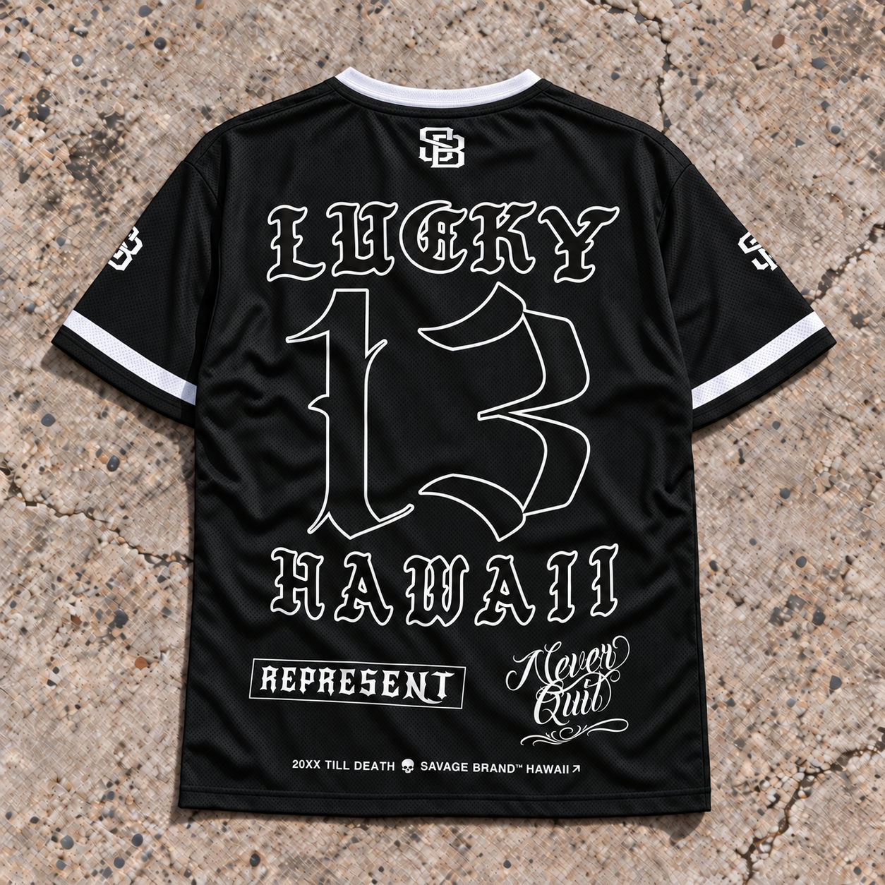 Lucky 13 black-and-white REPRESENT jersey, adult back view with LUCKY 13 HAWAII artwork