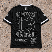 Lucky 13 black-and-white REPRESENT jersey, adult back view with LUCKY 13 HAWAII artwork