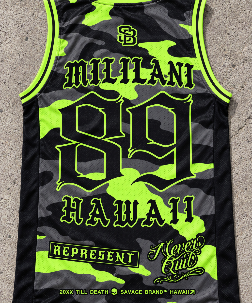Mililani 89 Jersey Tank — Camo Lime — back view