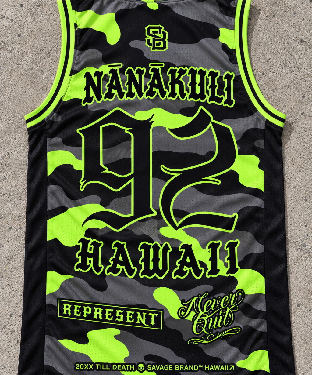 Nānākuli 92 Jersey Tank — Camo Lime — back view