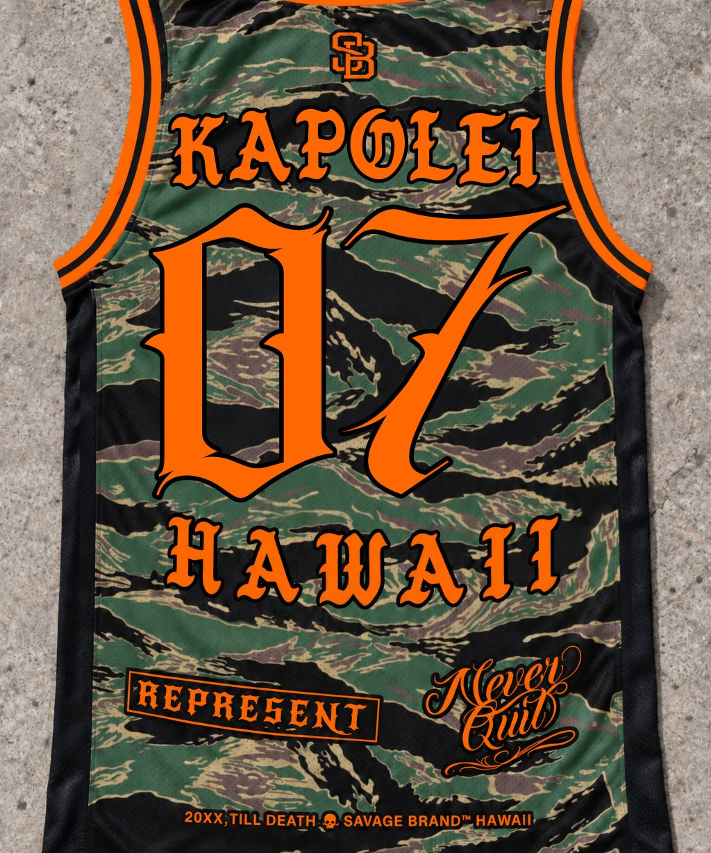 Kapolei 07 Jersey Tank — Camo Orange — Back flat lay