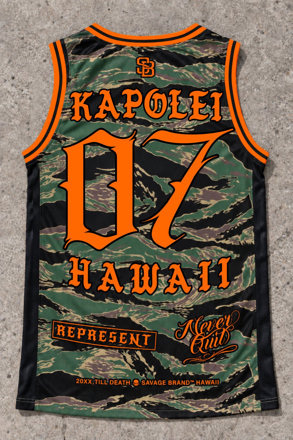 Kapolei 07 Jersey Tank — Camo Orange — Back flat lay