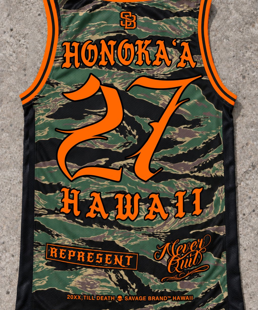 Honokaa 27 Jersey Tank — Camo Orange — Back flat lay