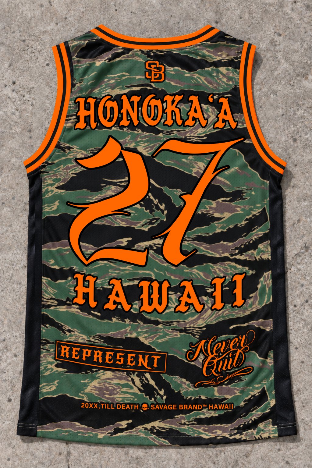 Honokaa 27 Jersey Tank — Camo Orange — Back flat lay