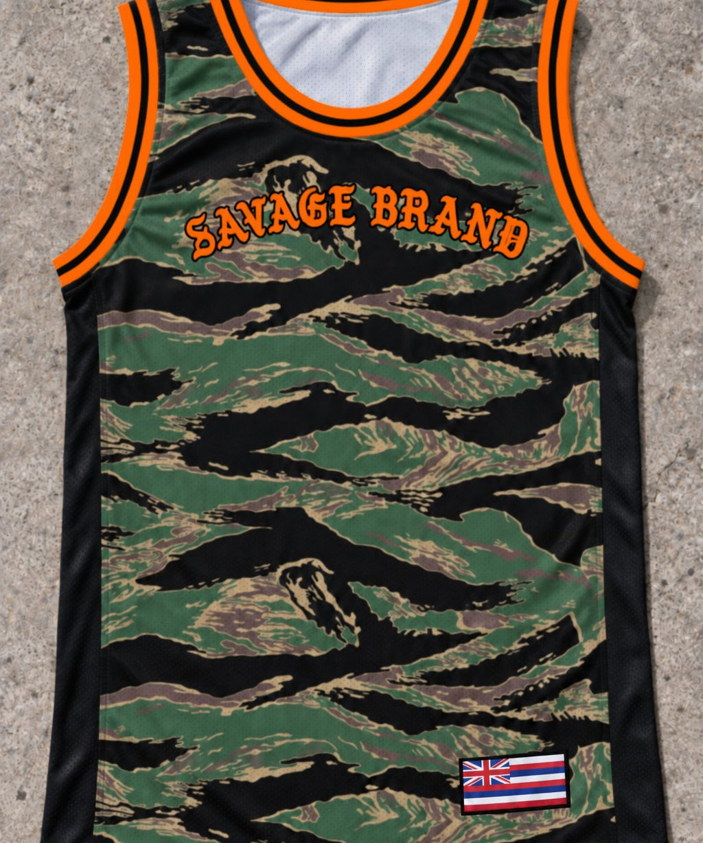 Lanai City 63 Jersey Tank — Camo Orange — Front flat lay