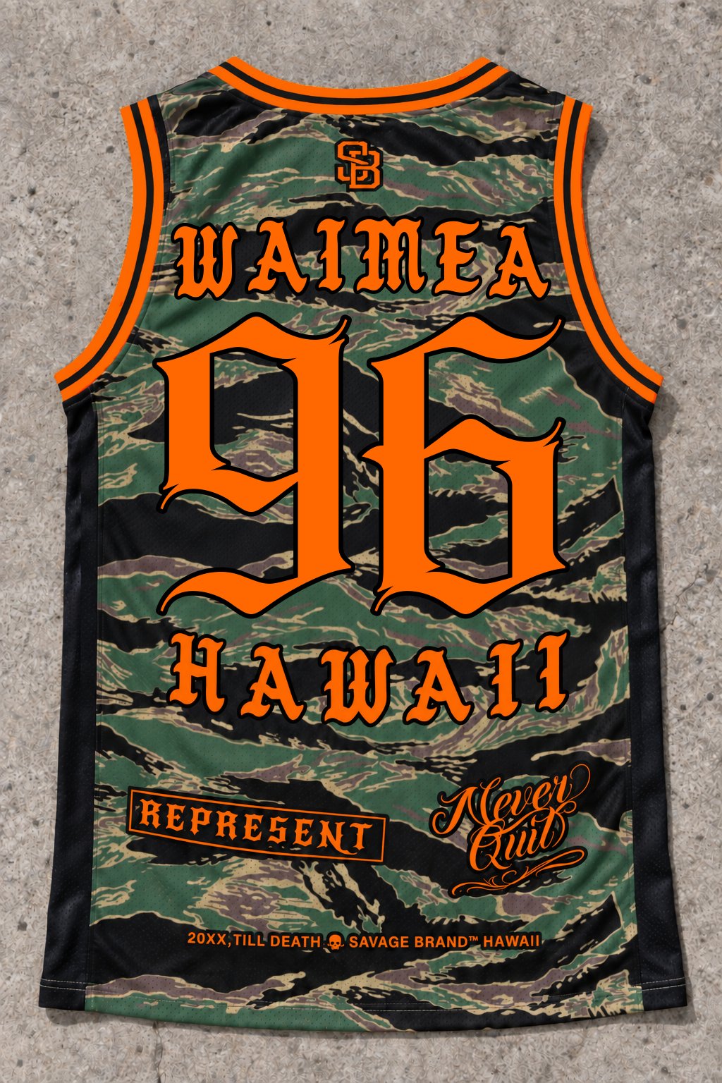 Waimea 96 Jersey Tank — Camo Orange — Back flat lay