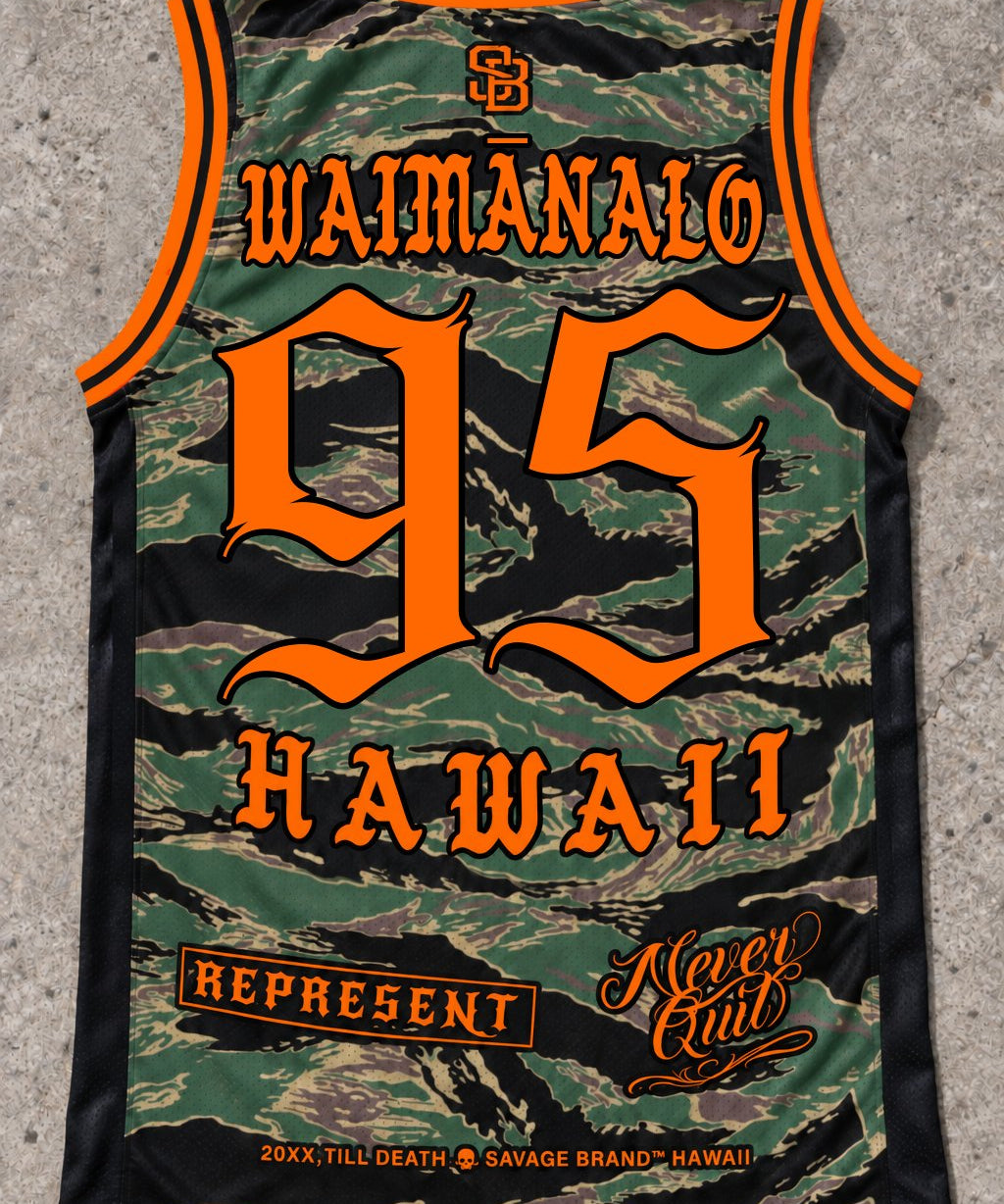 Waimanalo 95 Jersey Tank — Camo Orange — Back flat lay