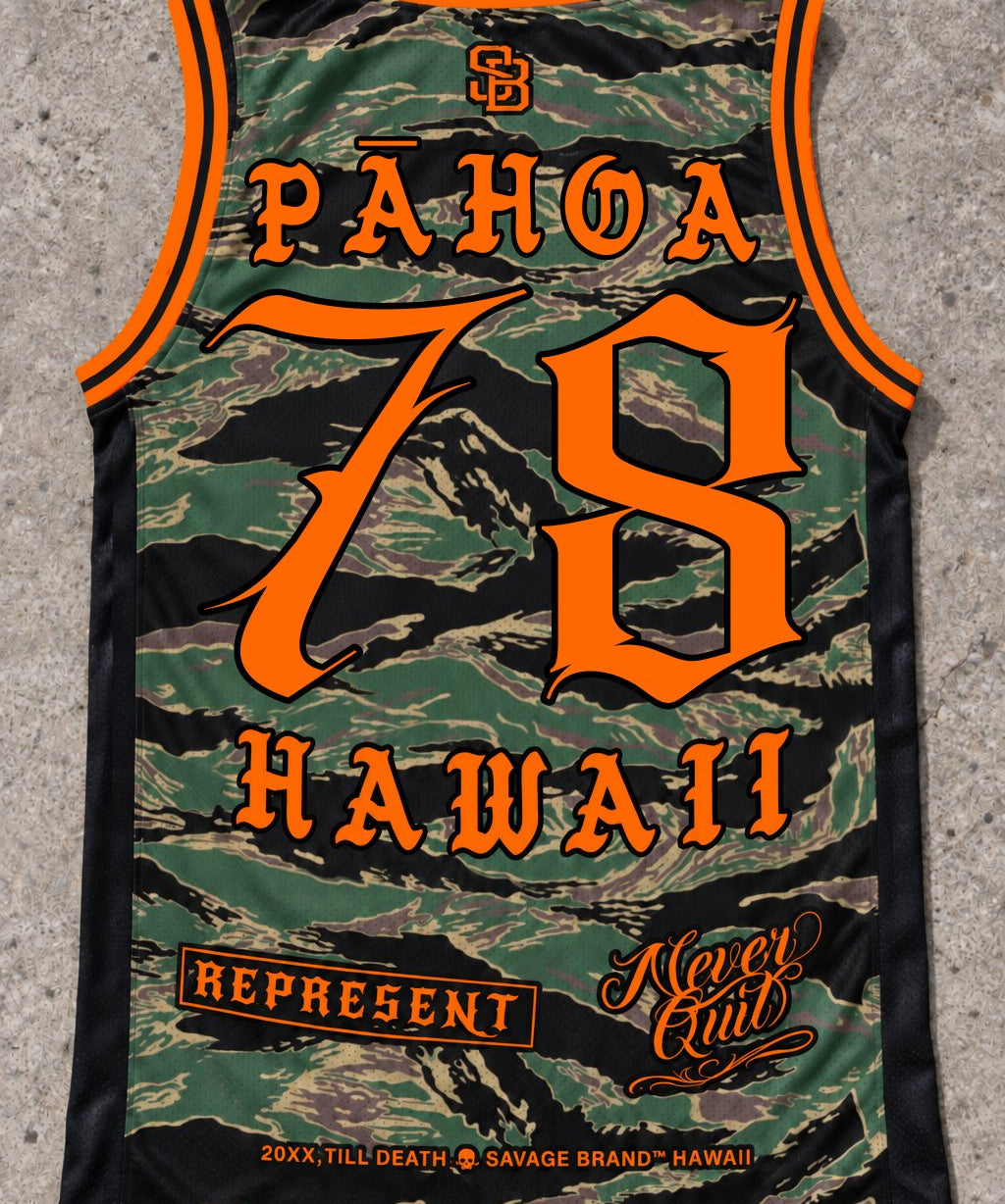 Pahoa 78 Jersey Tank — Camo Orange — Back flat lay