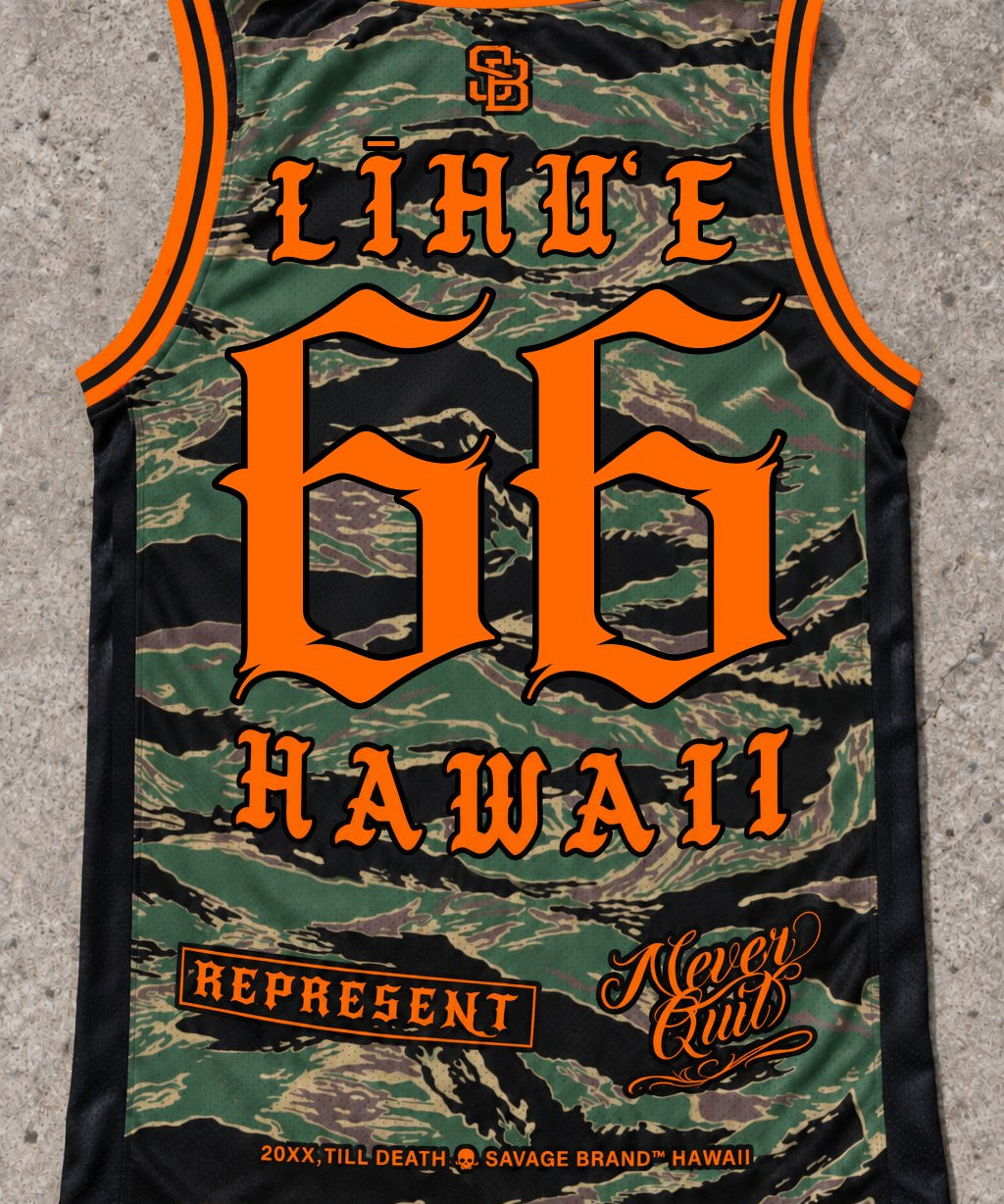 Lihue 66 Jersey Tank — Camo Orange — Back flat lay