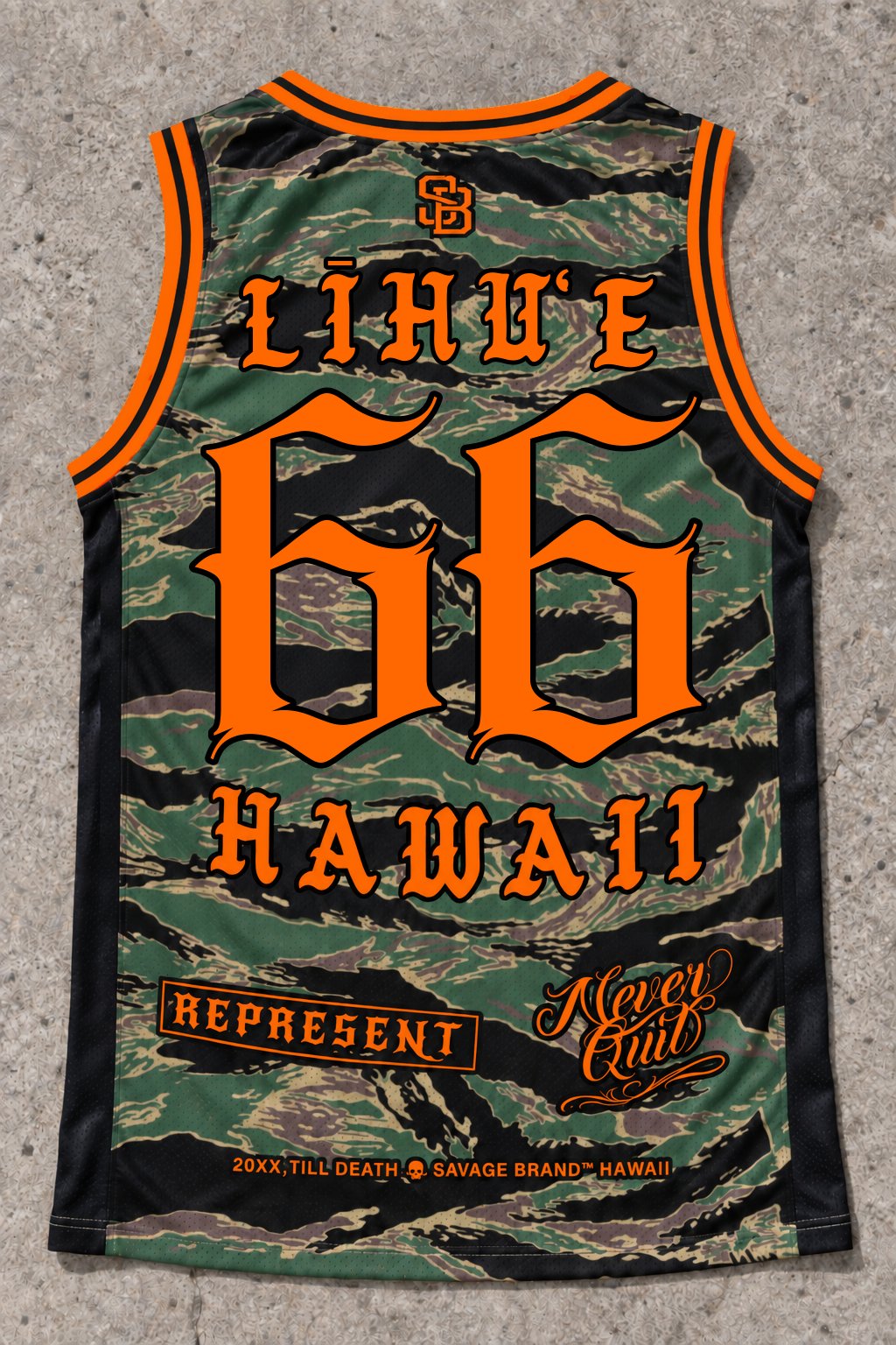 Lihue 66 Jersey Tank — Camo Orange — Back flat lay