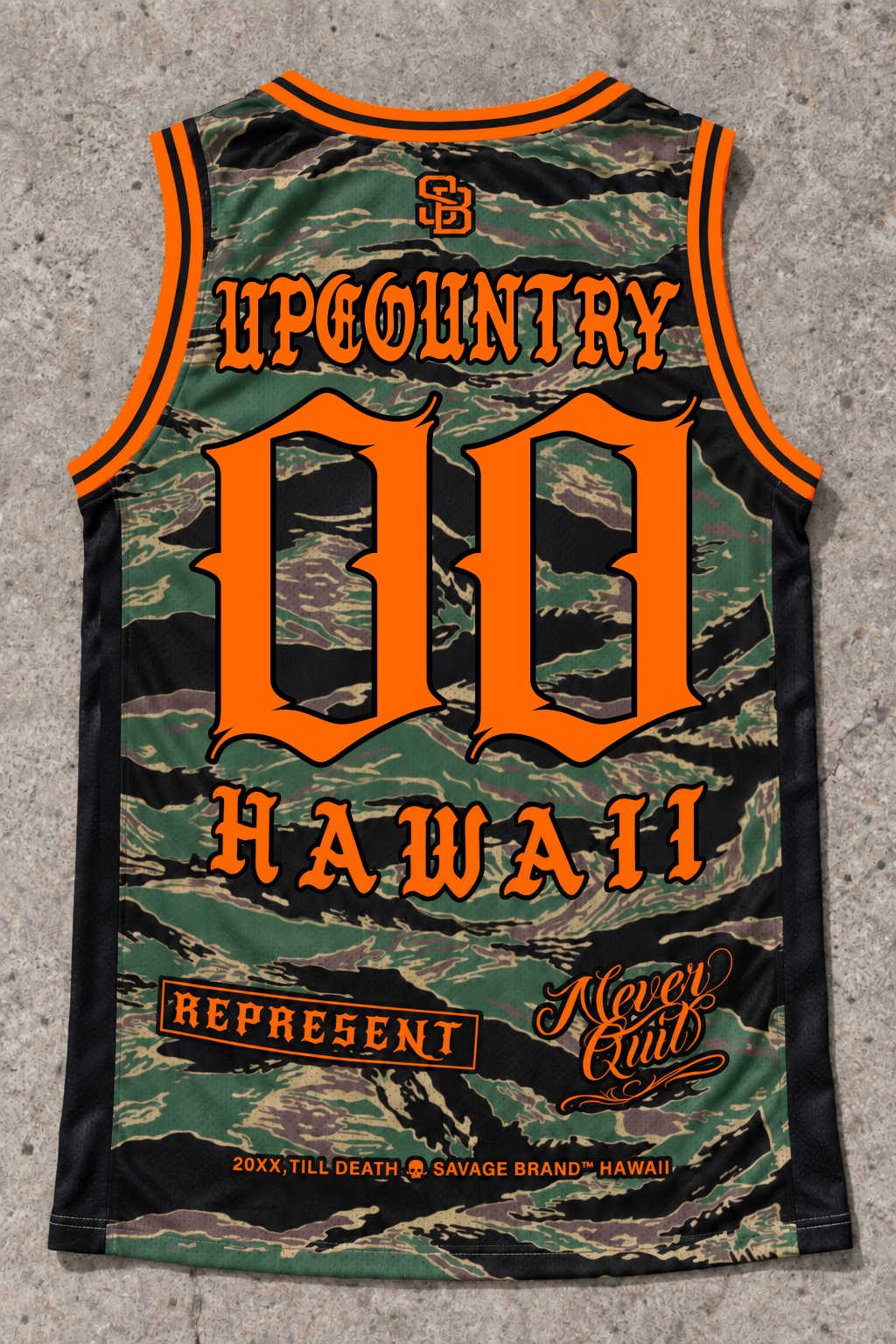 Upcountry 00 Jersey Tank — Camo Orange — Back flat lay