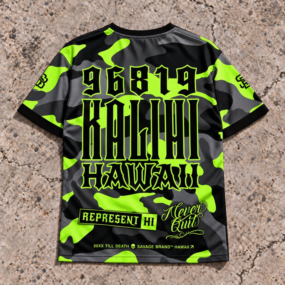 Kalihi 96819 ZIP Camo Lime jersey — back