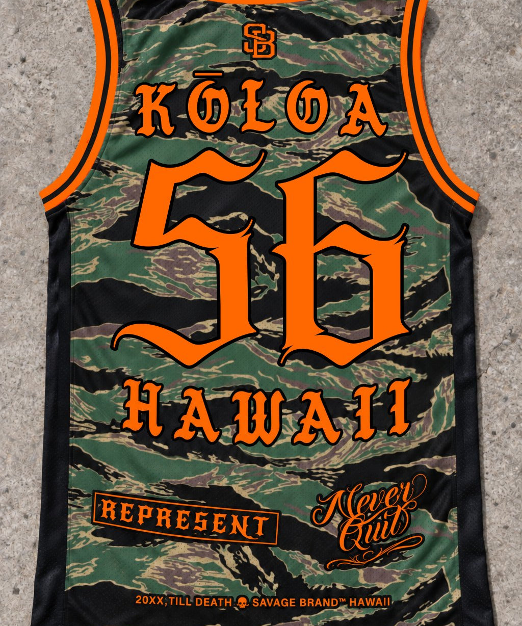 Koloa 56 Jersey Tank — Camo Orange — Back flat lay