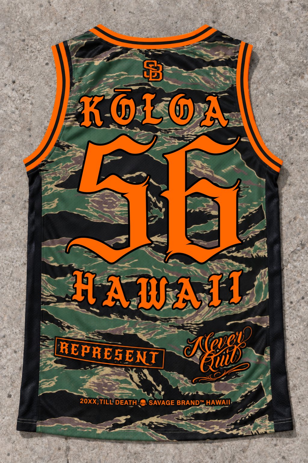 Koloa 56 Jersey Tank — Camo Orange — Back flat lay