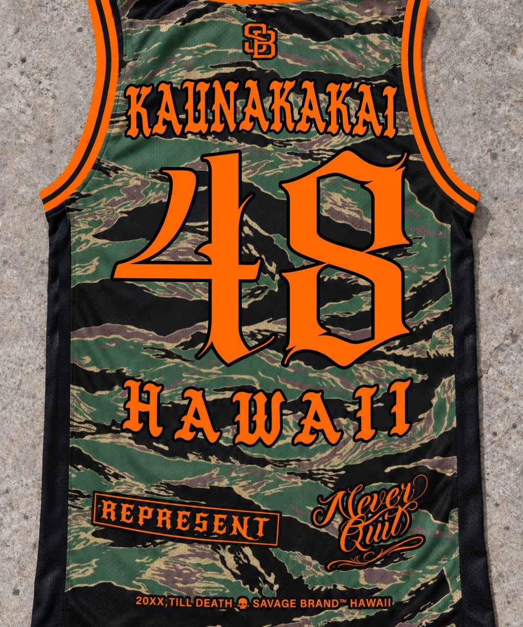 Kaunakakai 48 Jersey Tank — Camo Orange — Back flat lay