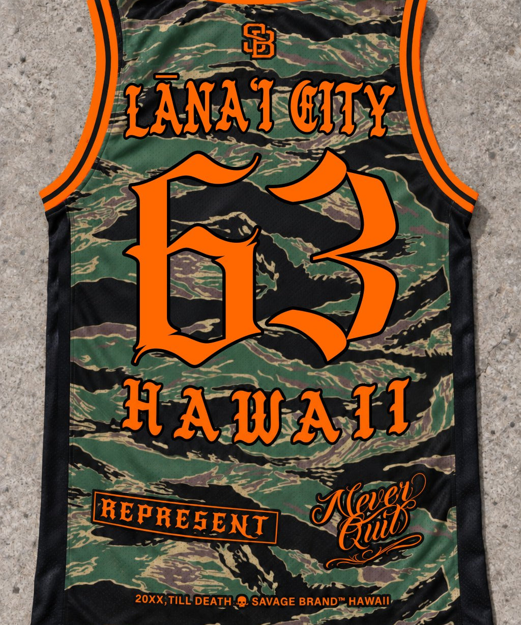 Lanai City 63 Jersey Tank — Camo Orange — Back flat lay