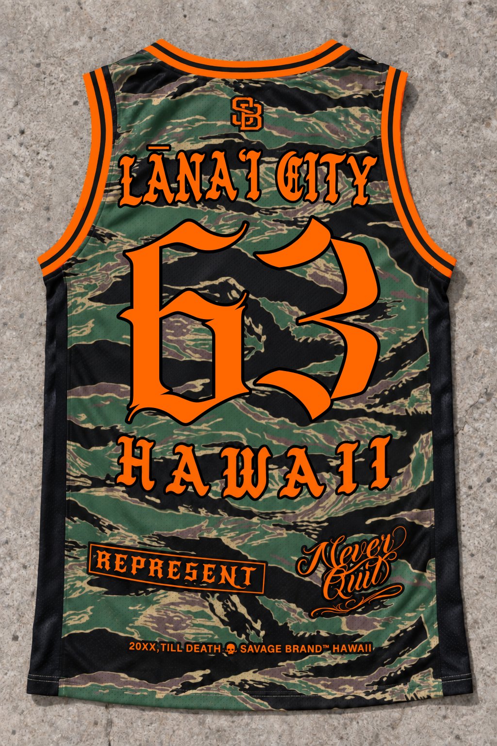 Lanai City 63 Jersey Tank — Camo Orange — Back flat lay