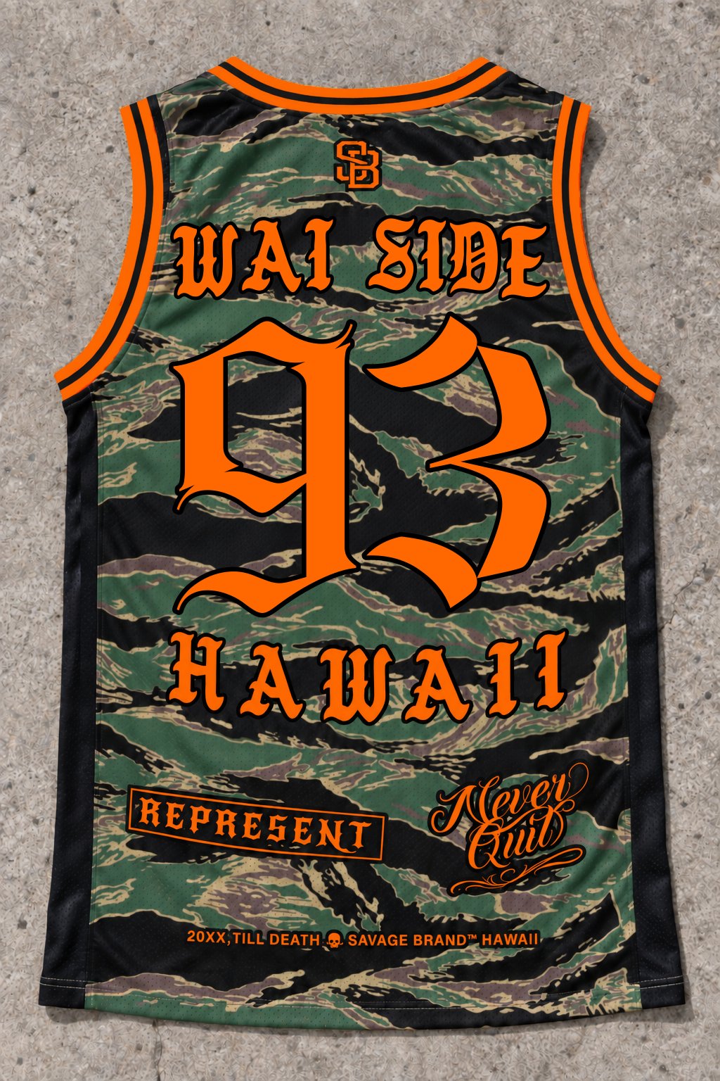 Wai Side 93 Jersey Tank — Camo Orange — Back flat lay