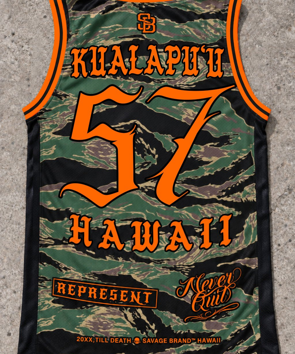 Kualapuu 57 Jersey Tank — Camo Orange — Back flat lay