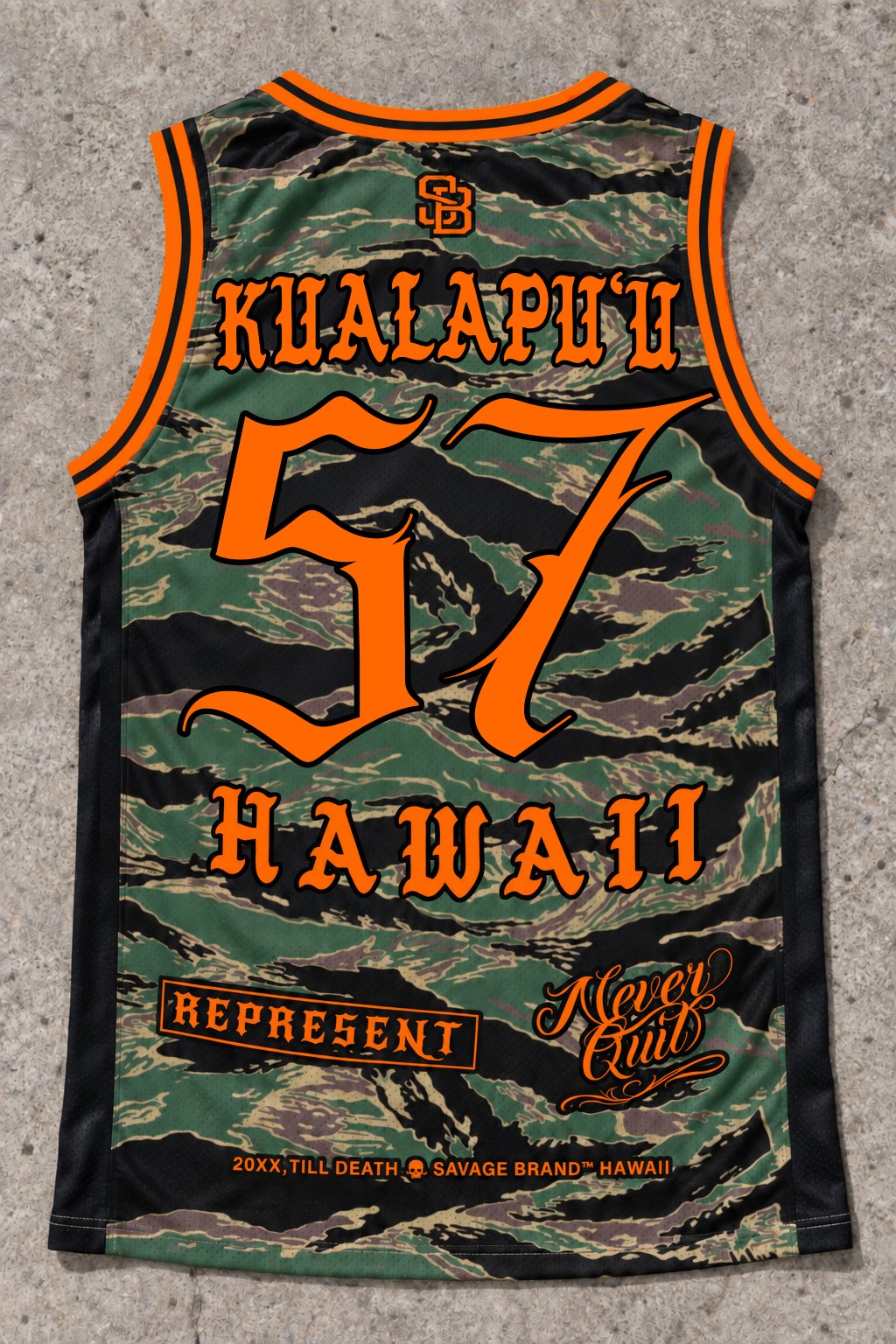 Kualapuu 57 Jersey Tank — Camo Orange — Back flat lay
