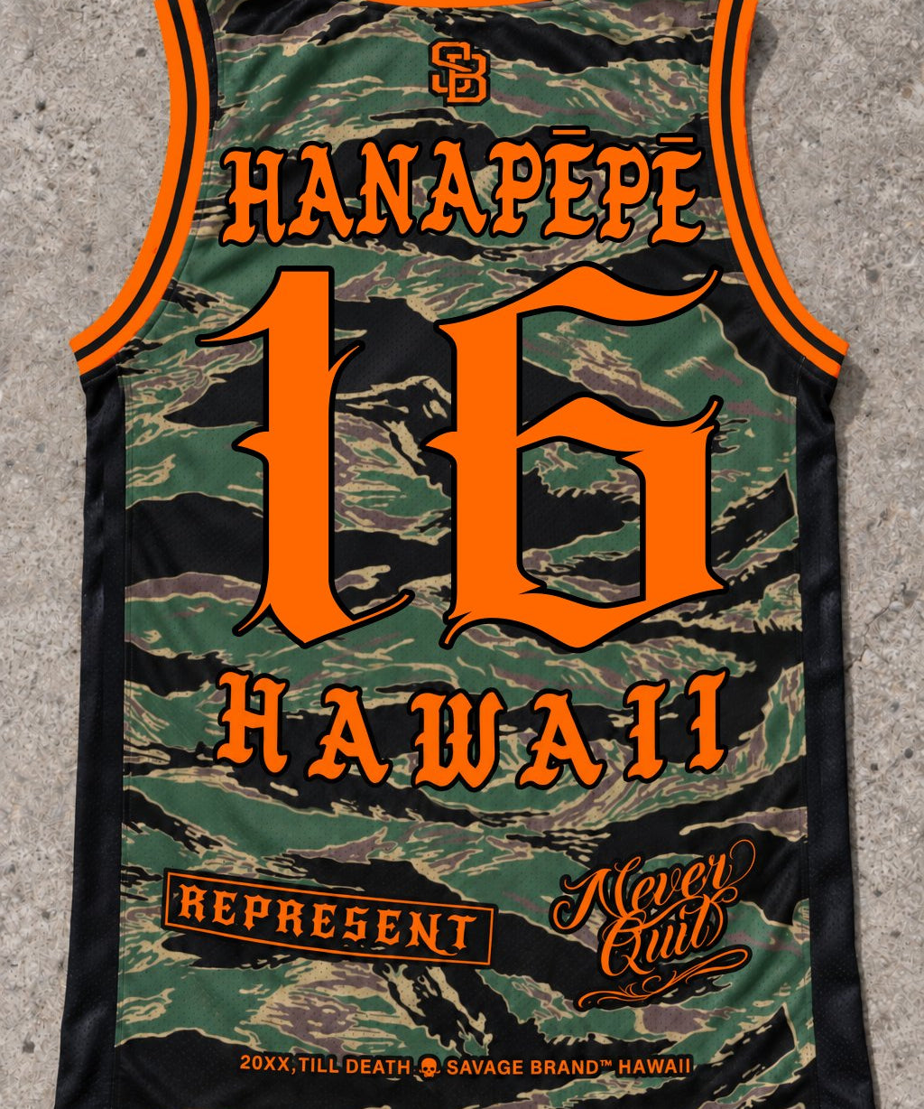 Hanapepe 16 Jersey Tank — Camo Orange — Back flat lay
