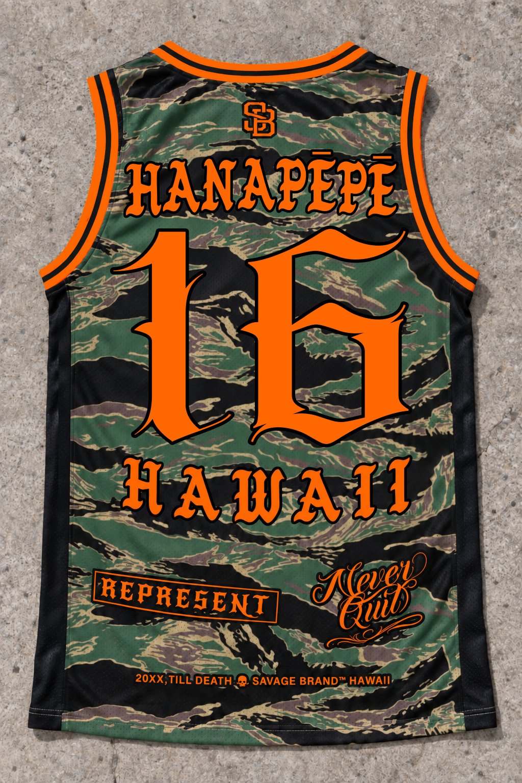 Hanapepe 16 Jersey Tank — Camo Orange — Back flat lay