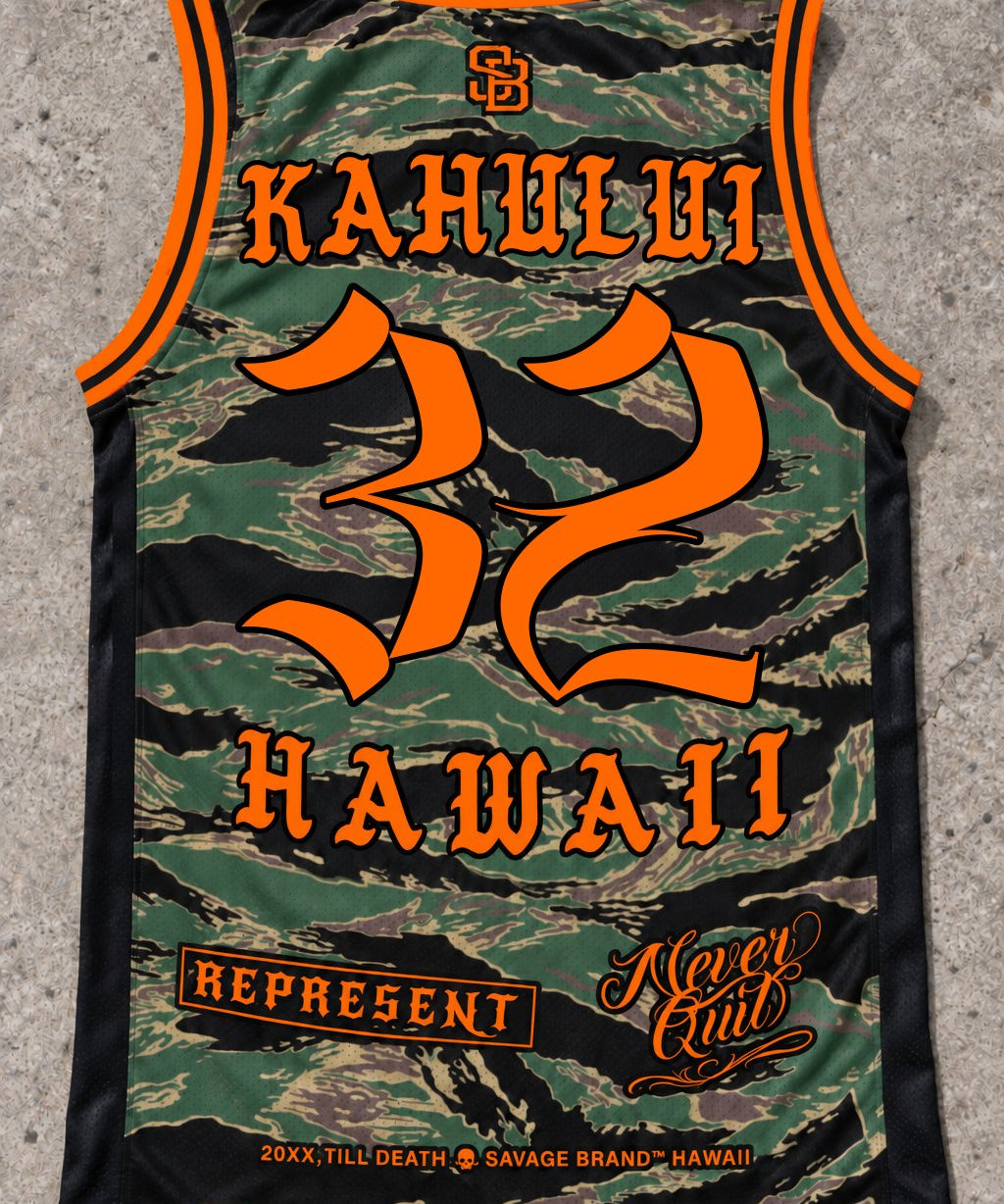 Kahului 32 Jersey Tank — Camo Orange — Back flat lay