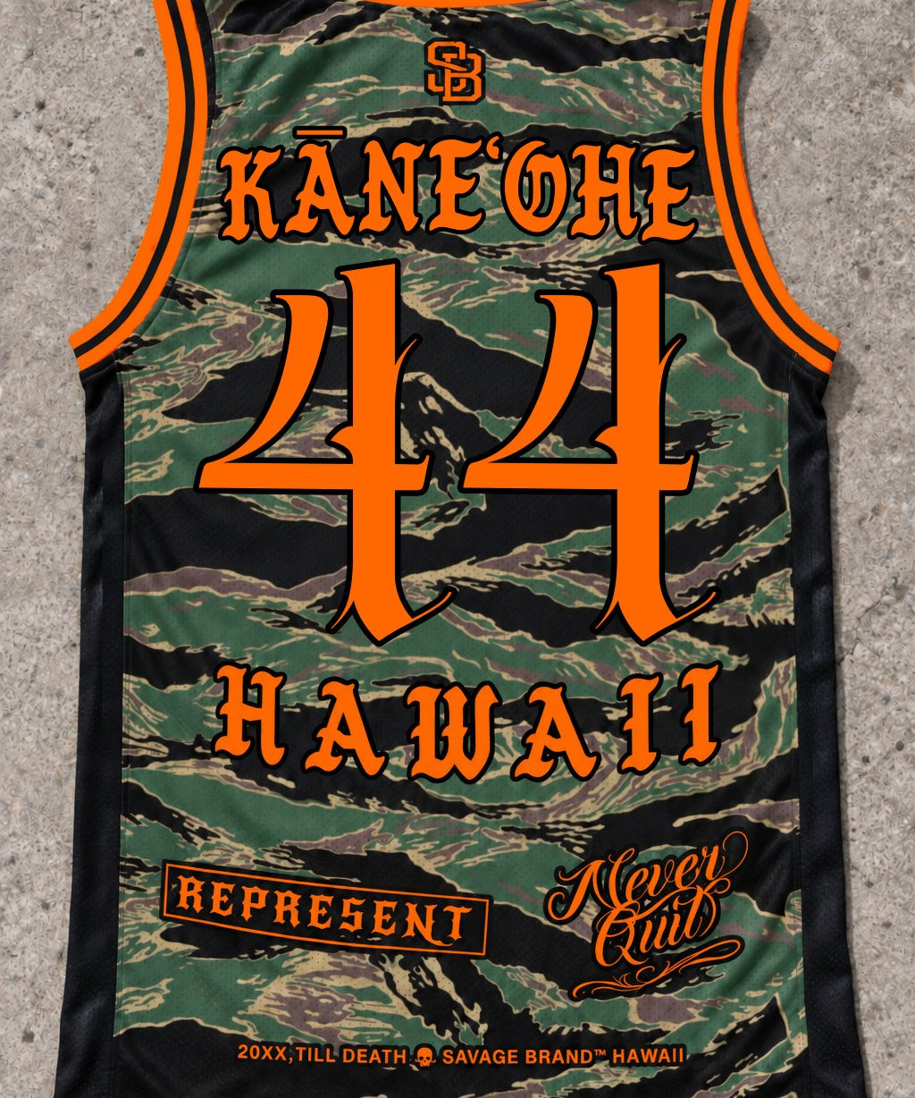Kaneohe 44 Jersey Tank — Camo Orange — Back flat lay