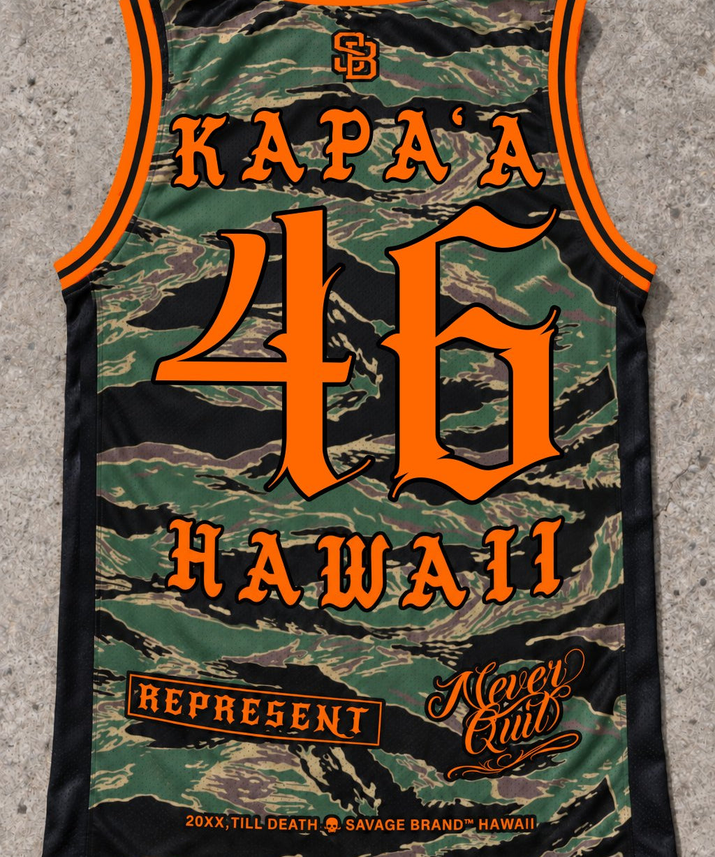 Kapaa 46 Jersey Tank — Camo Orange — Back flat lay