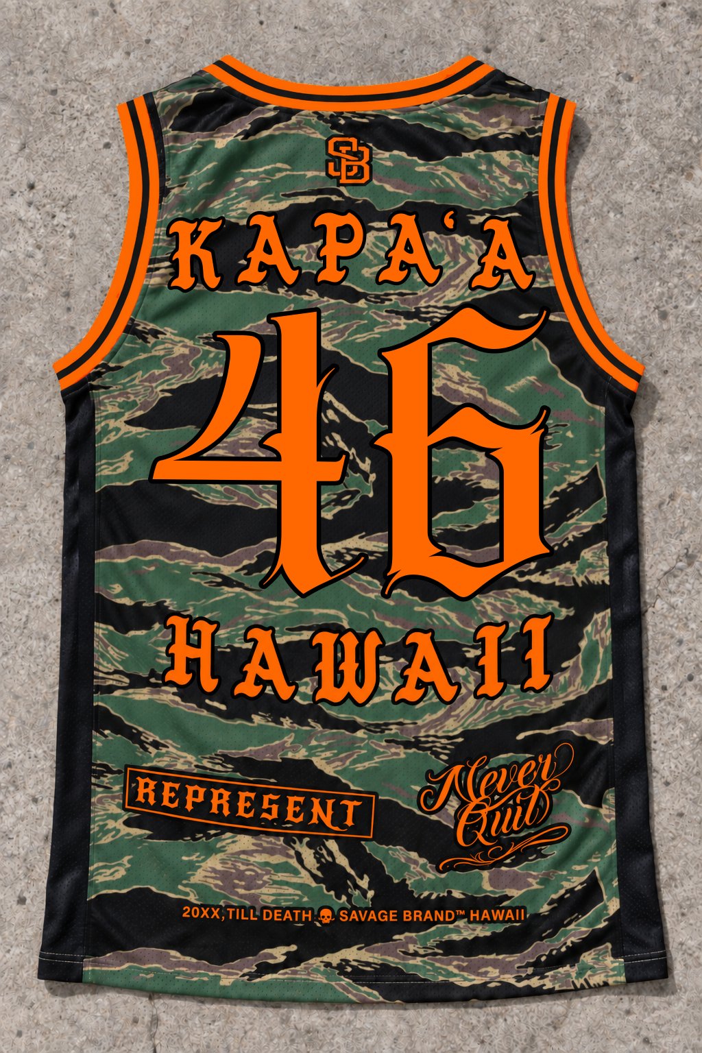 Kapaa 46 Jersey Tank — Camo Orange — Back flat lay