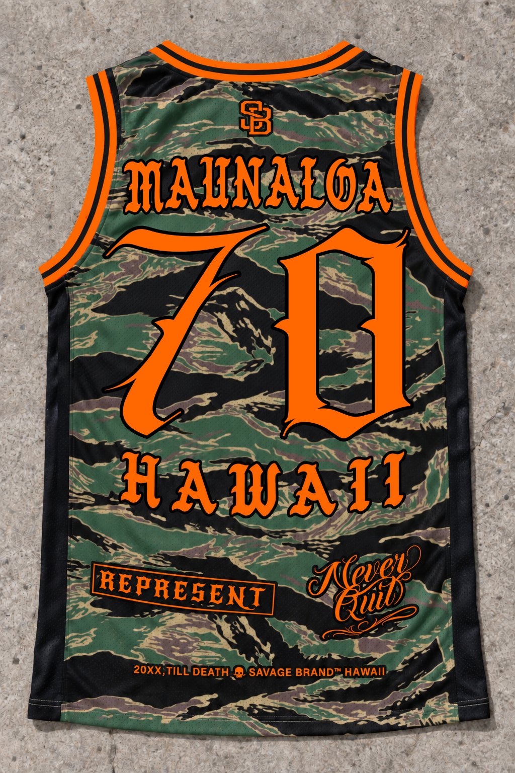 Maunaloa 70 Jersey Tank — Camo Orange — Back flat lay