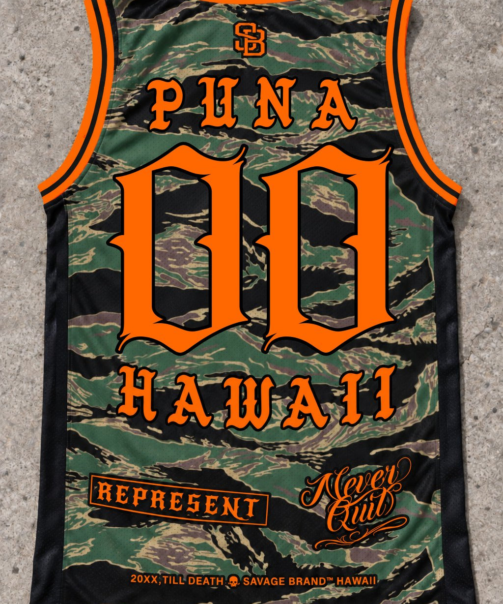 Puna 00 Jersey Tank — Camo Orange — Back flat lay