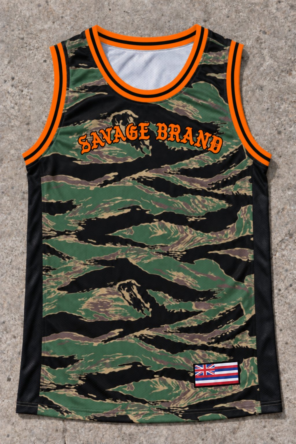 Waimanalo 95 Jersey Tank — Camo Orange — Front flat lay