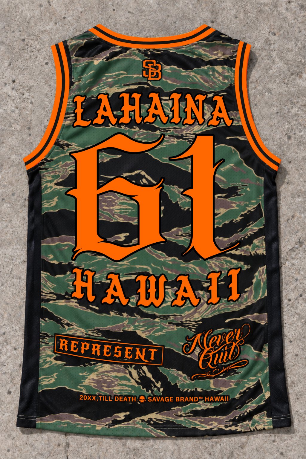 Lahaina 61 Jersey Tank — Camo Orange — Back flat lay