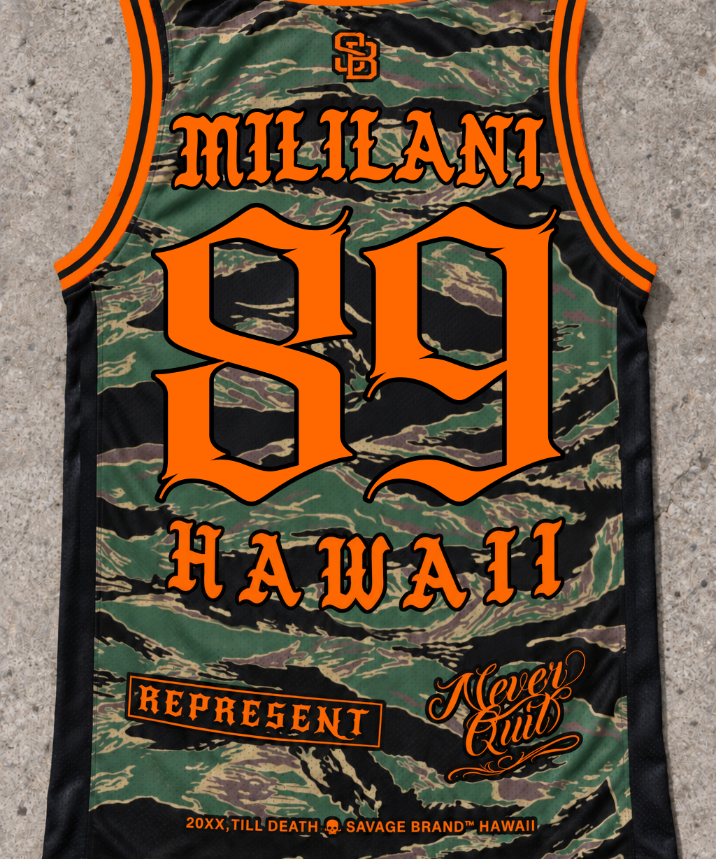 Mililani 89 Jersey Tank — Camo Orange — back view