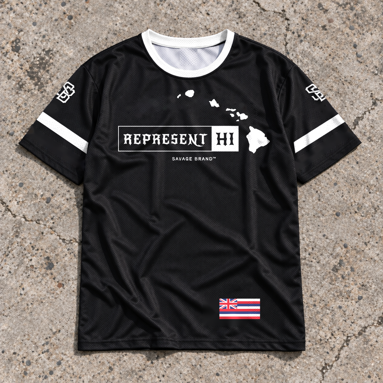 Represent 808 Black Jersey front view with Hawaiian islands and REPRESENT HI chest graphic on concrete
