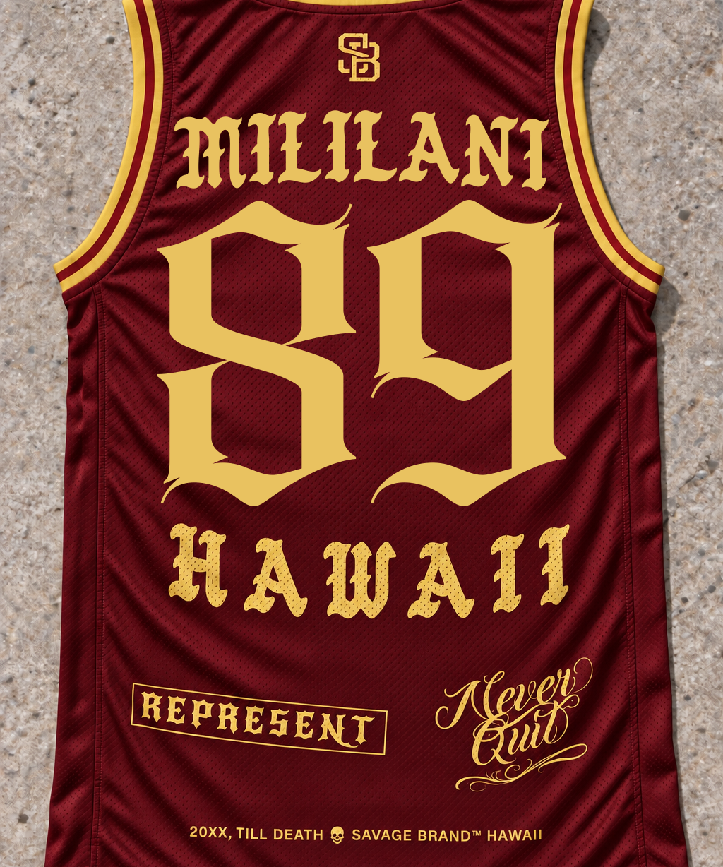 Mililani 89 Jersey Tank — Red & Gold — back view