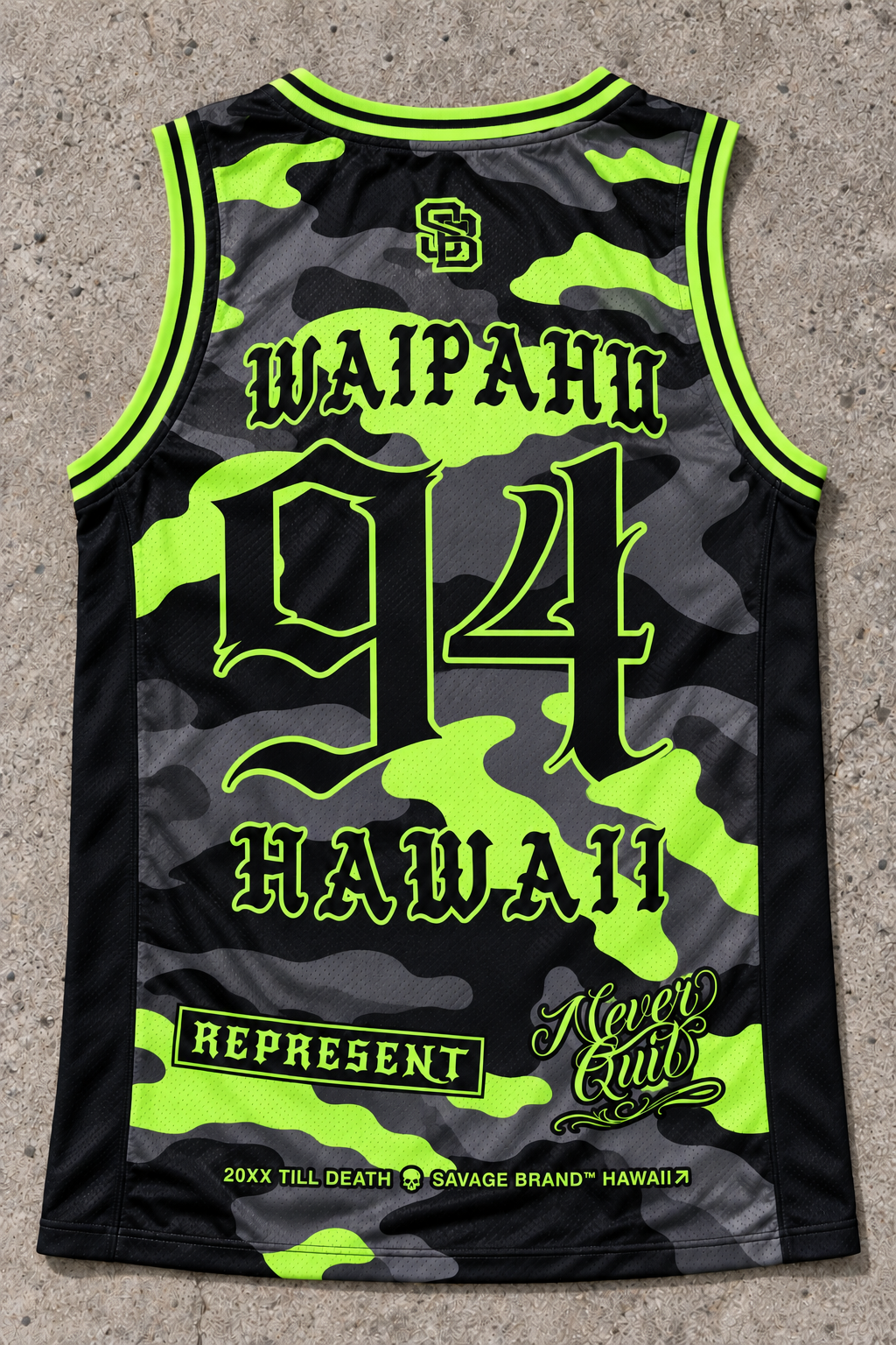 Waipahu 94 Jersey Tank — Camo Lime — back view